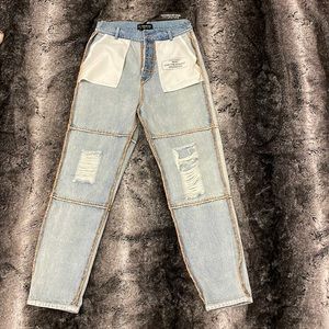 High-Rise Patchwork Light Wash Jeans - Unbranded